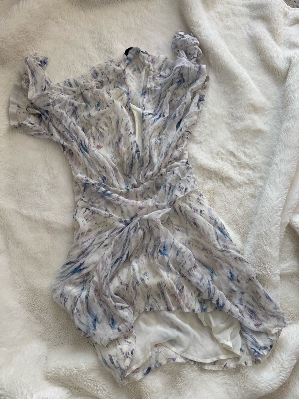 IRO White Wrap Dress with Lavender and Blue Brushprint